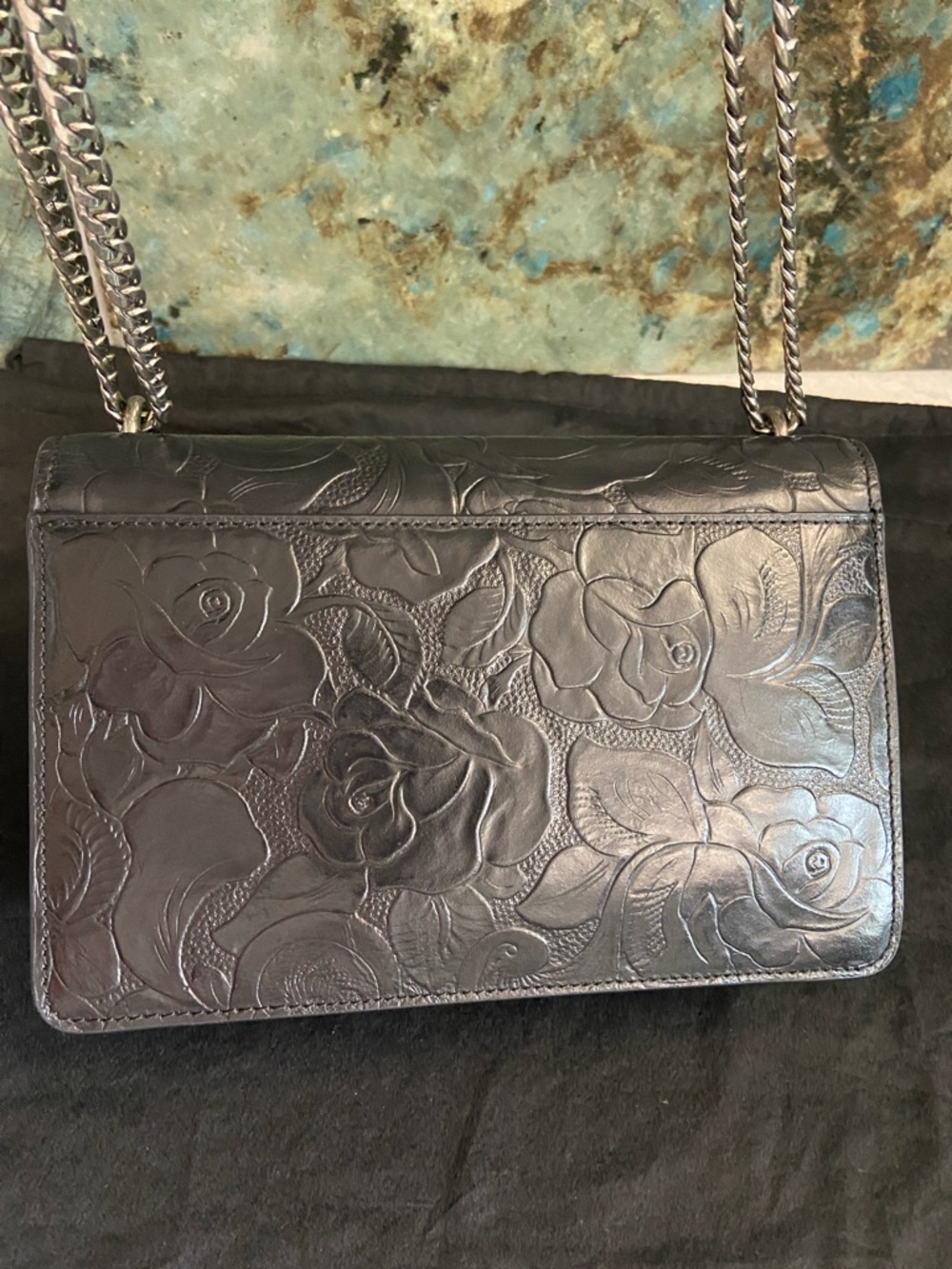 Karl Lagerfeld Black Leather Tooled Floral Crossbody Bag. - Picture 5 of 16